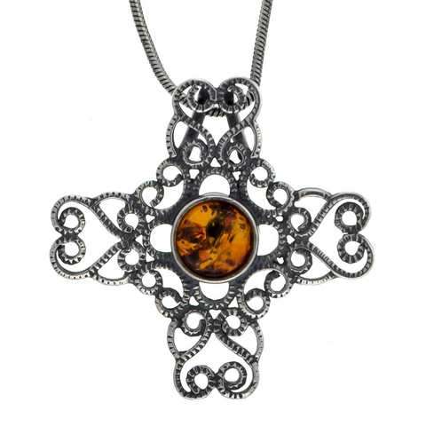Halskette mit Kreuz-Anhänger mit grünem Bernstein Silber 925